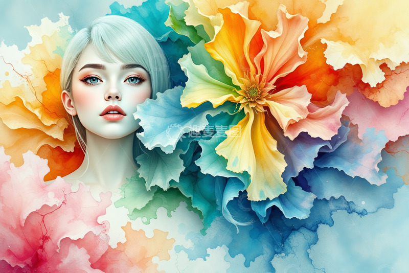 高清大图下载【趣麦麦图】金发女子与多彩花卉背景