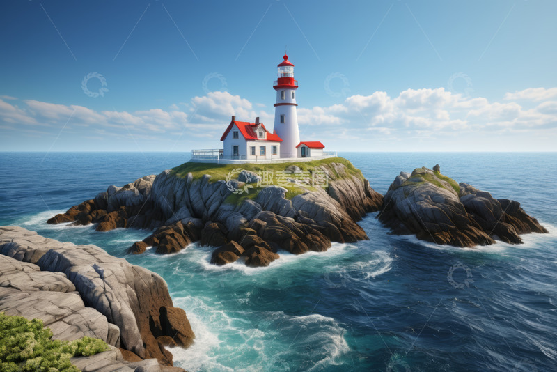 高清大图下载【趣麦麦图】海上岩石灯塔与小屋风景