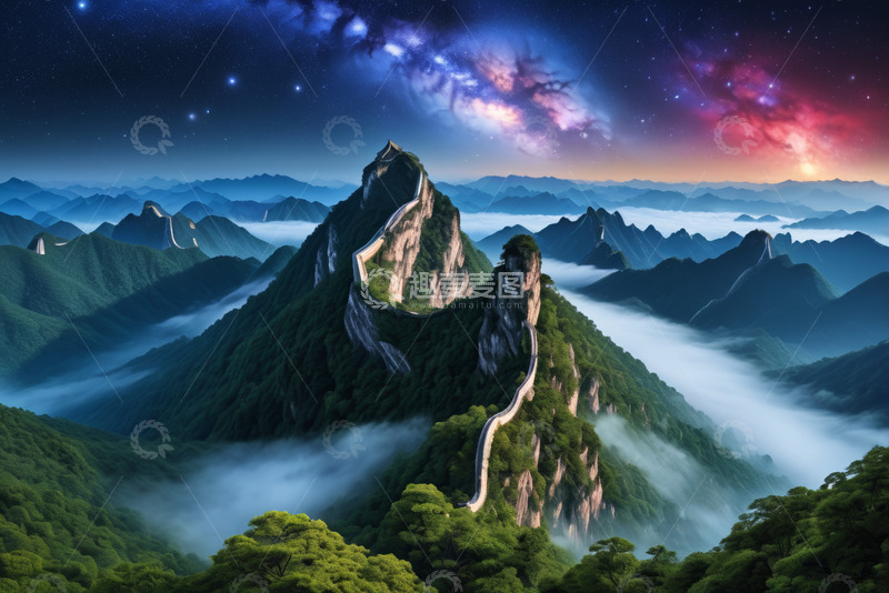 高清大图下载【趣麦麦图】夜空下蜿蜒长城与山峦美景