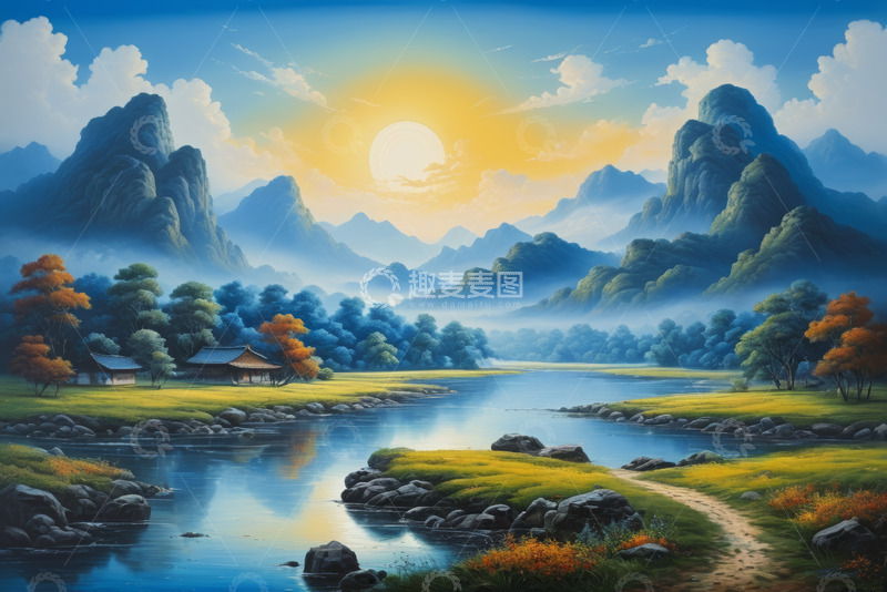 高清大图下载【趣麦麦图】山水间中式小屋自然风光