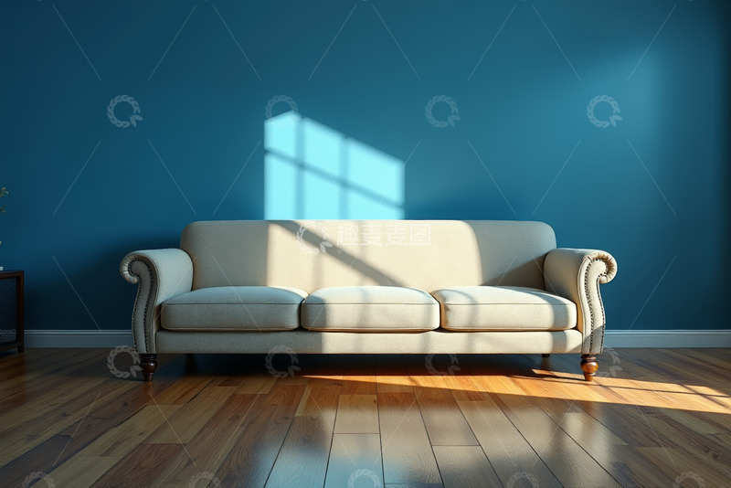 高清大图下载【趣麦麦图】室内蓝色墙壁旁的米色沙发