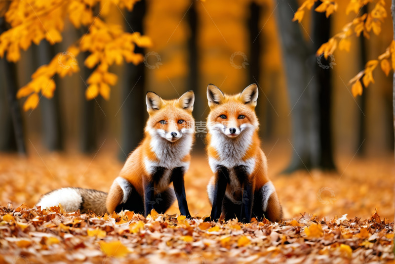 高清大图下载【趣麦麦图】秋季森林中的两只狐狸