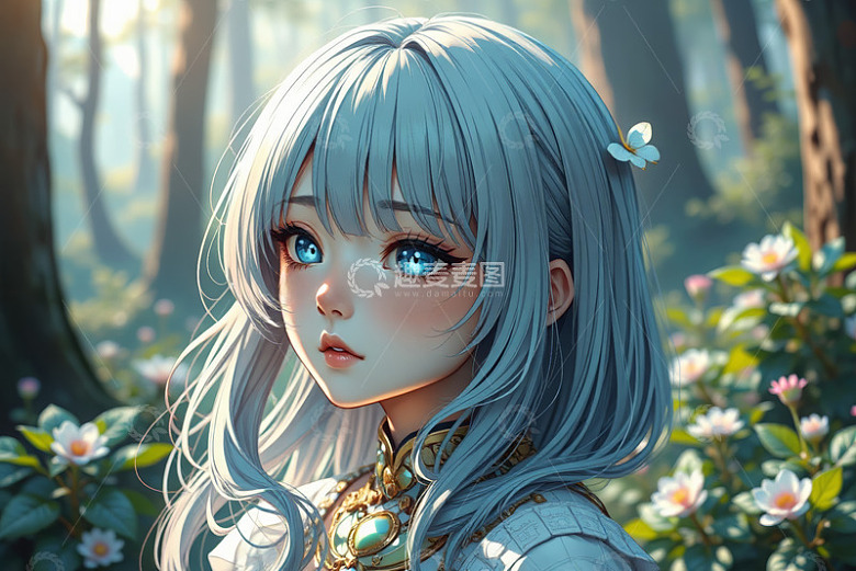 森林中的动漫少女特写