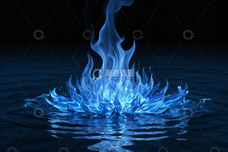 高清大图下载【趣麦麦图】蓝色火焰在水面燃烧景象