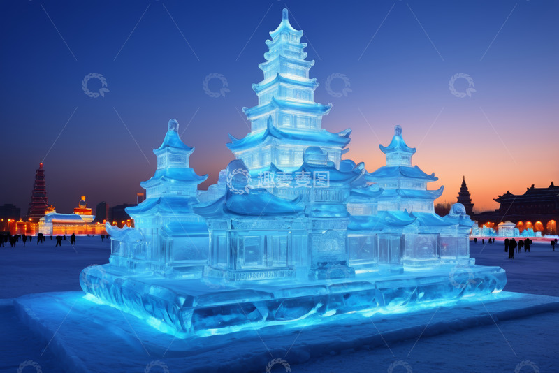高清大图下载【趣麦麦图】冰雕中式古建筑景观