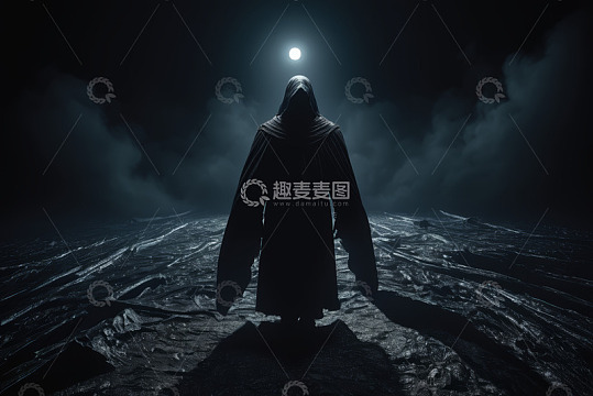 黑袍人物于黑暗场景中逆光而立