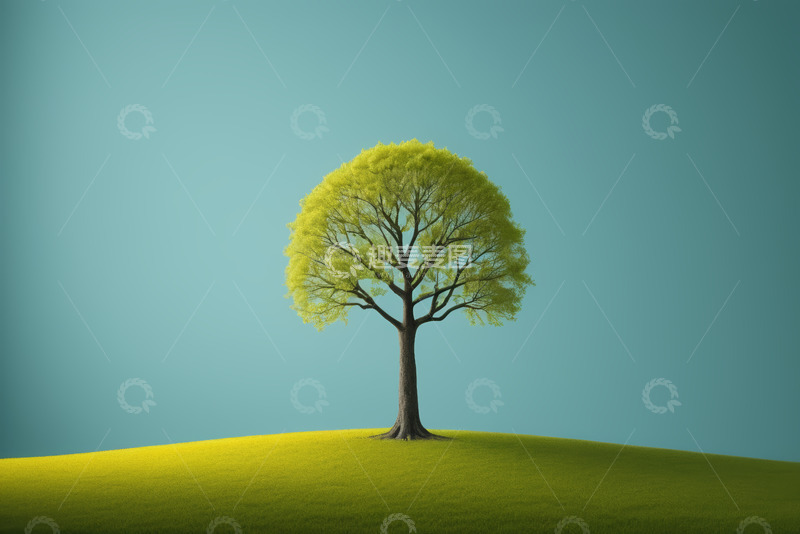 高清大图下载【趣麦麦图】单棵绿树立于绿色草地
