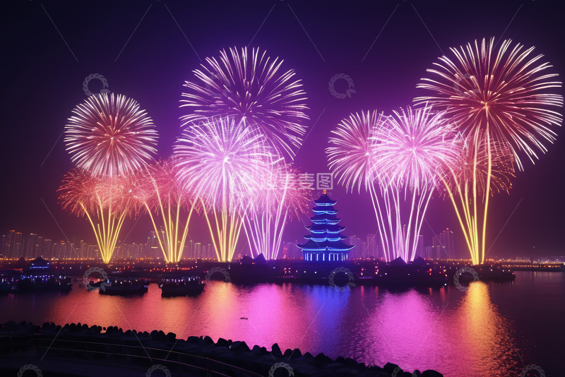 高清大图下载【趣麦麦图】-湖畔楼阁烟花夜景