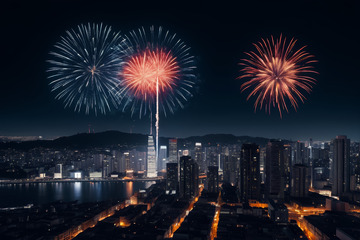 城市夜景烟花绽放全景