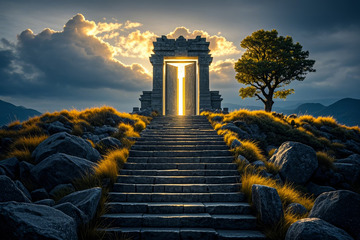 山顶神秘石门与自然景观
