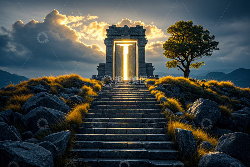 高清大图下载【趣麦麦图】山顶神秘石门与自然景观