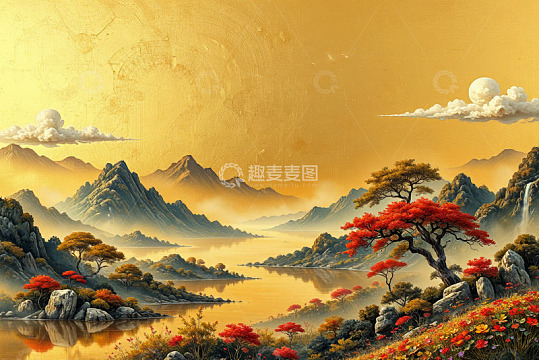 金色山水间红叶点缀风景