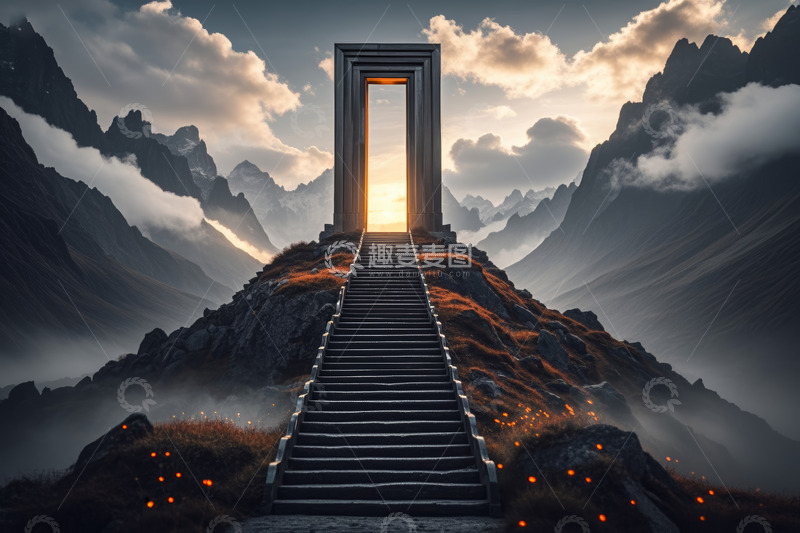 高清大图下载【趣麦麦图】山间通往发光之门的阶梯场景