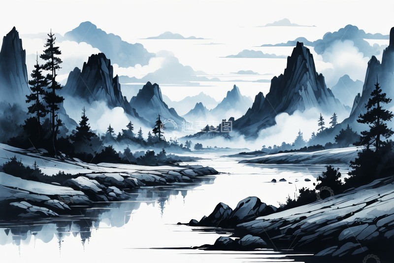 高清大图下载【趣麦麦图】水墨风格山水自然景观