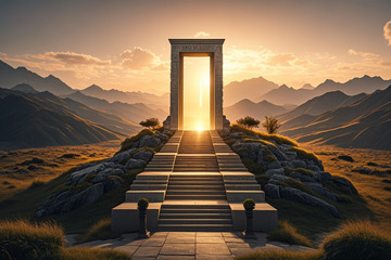 山间夕阳下的神秘石门景观