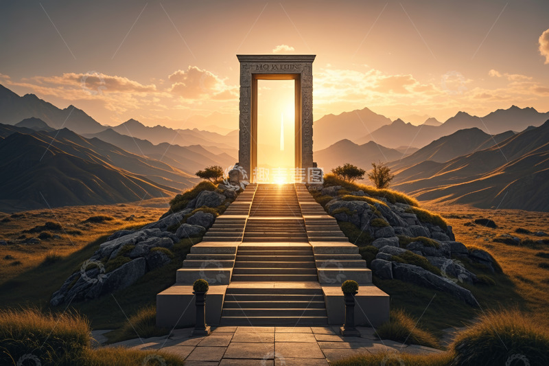 高清大图下载【趣麦麦图】山间夕阳下的神秘石门景观