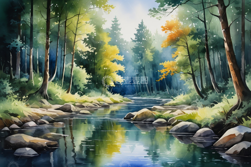 高清大图下载【趣麦麦图】森林中河流自然风光
