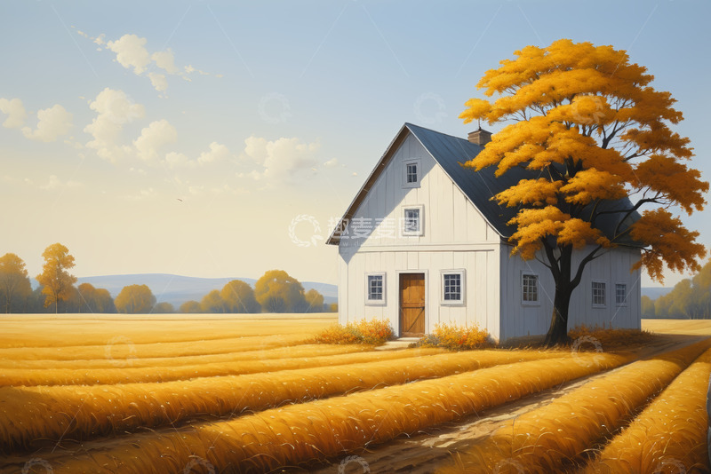 高清大图下载【趣麦麦图】秋日田野中的白色小屋