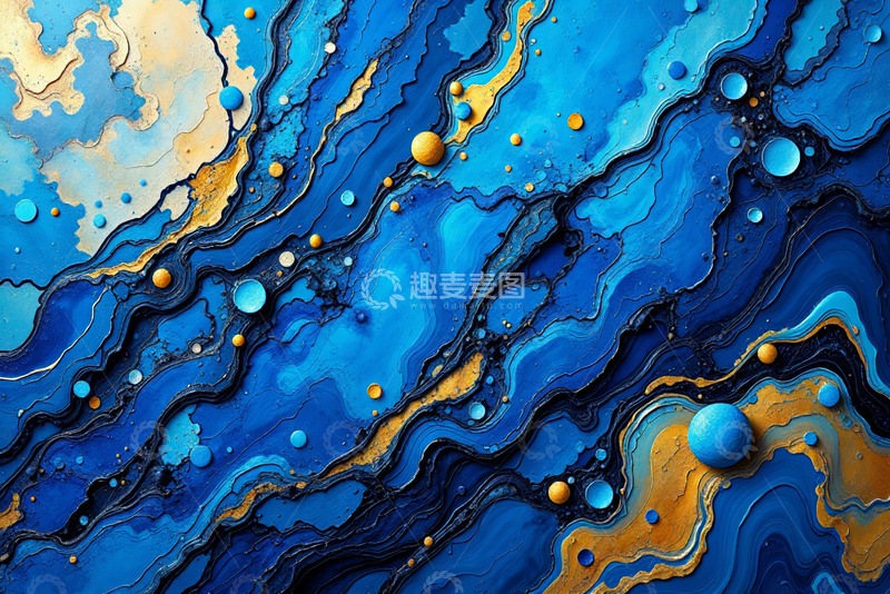 高清大图下载【趣麦麦图】蓝色与金色混合液体艺术图案