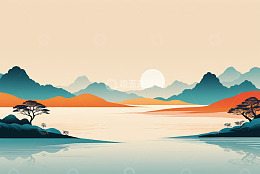 山水湖泊日落风光
