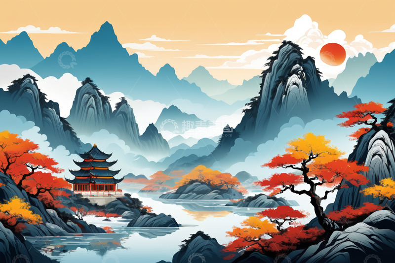 高清大图下载【趣麦麦图】中式山水古建筑风景