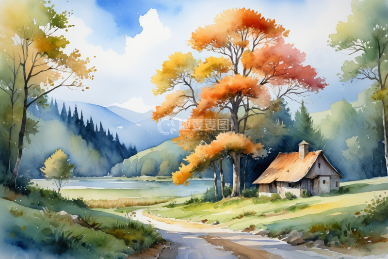 高清大图下载【趣麦麦图】乡村湖畔秋景小屋