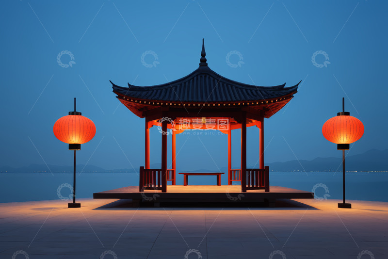 高清大图下载【趣麦麦图】湖畔古风凉亭夜景