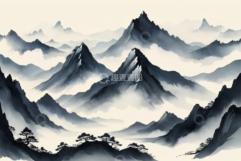 高清大图下载【趣麦麦图】水墨风格连绵山脉风景