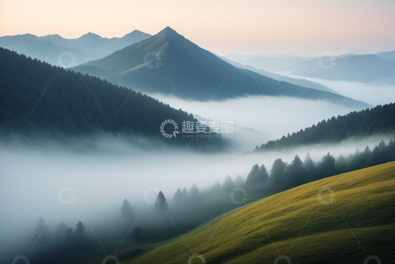 高清大图下载【趣麦麦图】山间晨雾环绕的自然风光