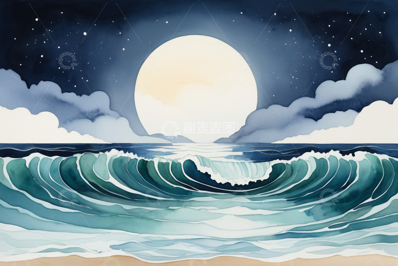 高清大图下载【趣麦麦图】月夜下的海洋与浪潮景象