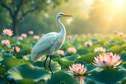 白鹭立于荷花池中的场景