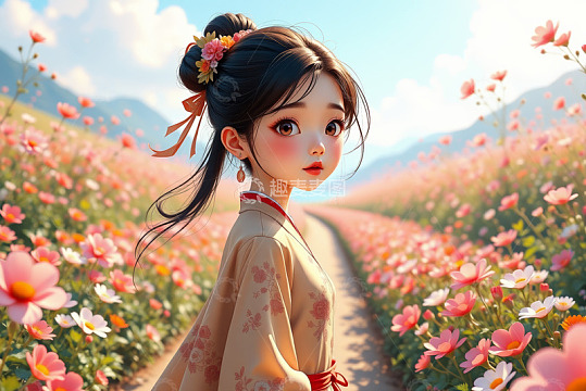 古风少女于花海中伫立