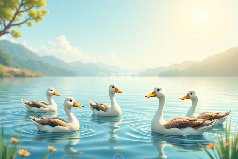 高清大图下载【趣麦麦图】湖面上游弋的一群鸭子