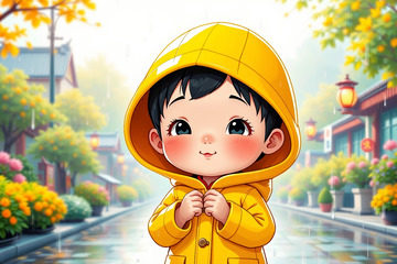 雨中穿黄色雨衣的卡通小孩