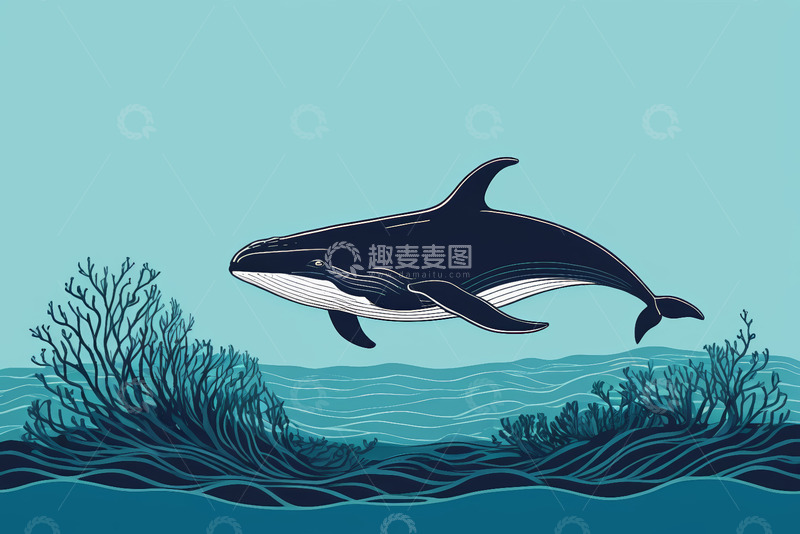高清大图下载【趣麦麦图】海洋中遨游的鲸鱼插画