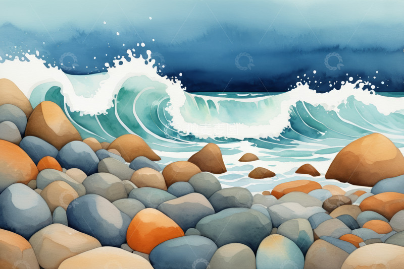 高清大图下载【趣麦麦图】海浪拍打岸边鹅卵石场景