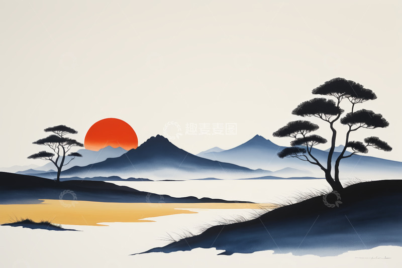 高清大图下载【趣麦麦图】夕阳下的山水树木景观