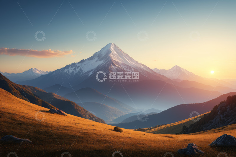 高清大图下载【趣麦麦图】夕阳下连绵雪山与金色草甸
