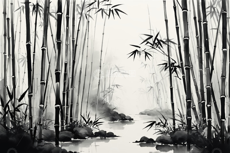 高清大图下载【趣麦麦图】水墨竹林溪流风景