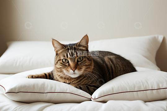猫咪趴卧在白色枕头上