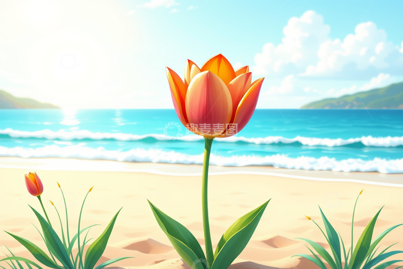 高清大图下载【趣麦麦图】海滩上盛开的红色郁金香