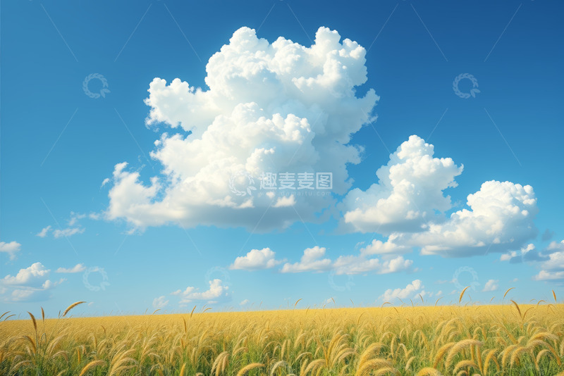 高清大图下载【趣麦麦图】蓝天白云下的金黄麦田风景