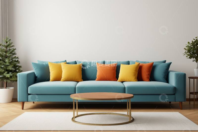 高清大图下载【趣麦麦图】室内蓝色沙发与圆形茶几