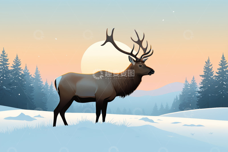 高清大图下载【趣麦麦图】雪地中站立的麋鹿