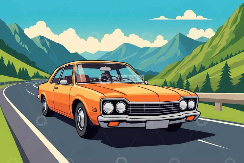 高清大图下载【趣麦麦图】山间公路上行驶的卡通汽车