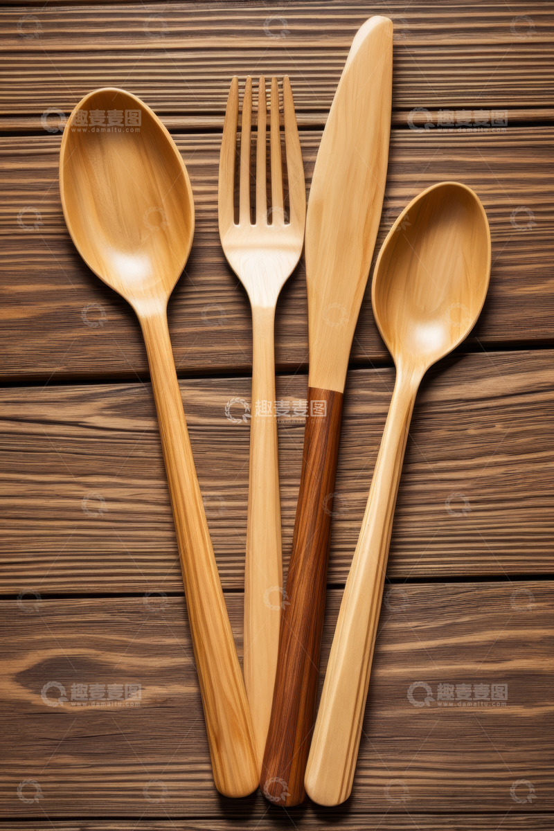 高清大图下载【趣麦麦图】木质餐具摆放在木纹背景上