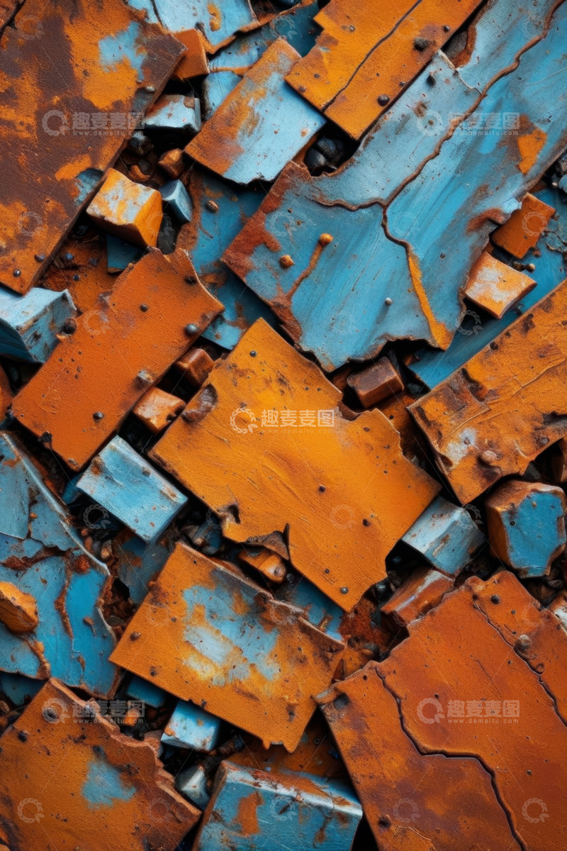 高清大图下载【趣麦麦图】蓝橙相间破旧金属材质纹理