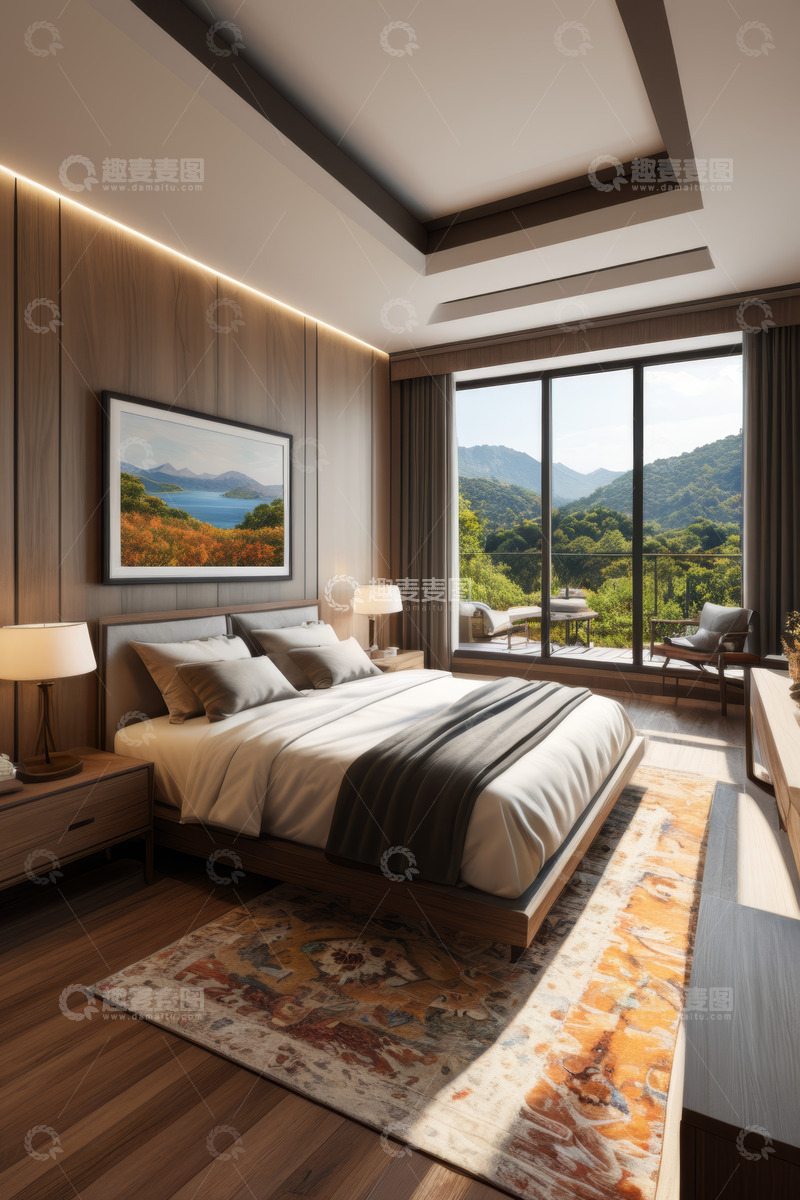 高清大图下载【趣麦麦图】现代卧室设计窗外山景视野