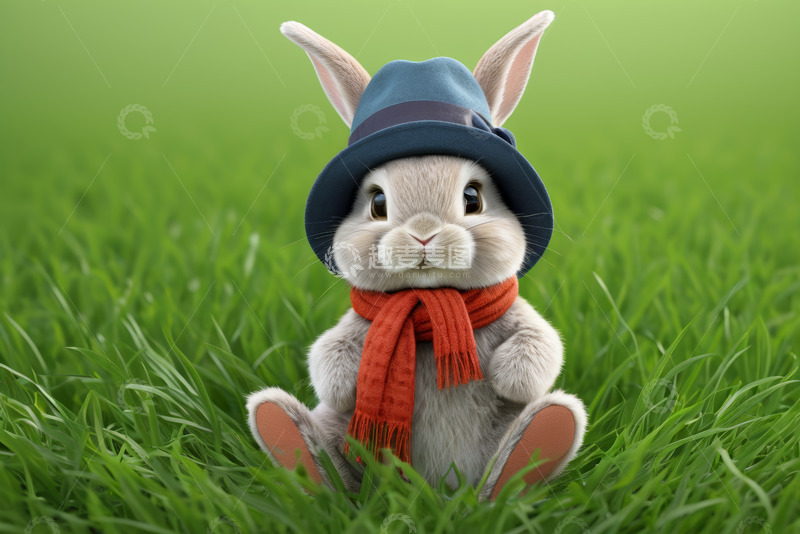 高清大图下载【趣麦麦图】戴帽围巾兔子坐于绿草地上