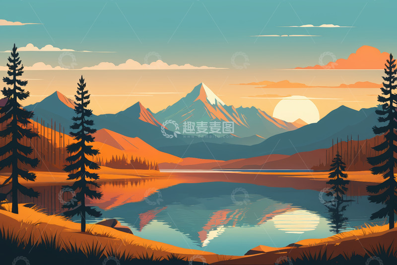 高清大图下载【趣麦麦图】夕阳下湖泊山林自然风光